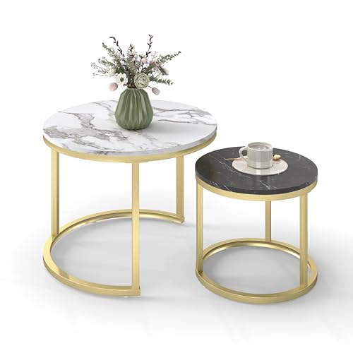 hitsuki Couchtisch Rund 2er Set, Marmor Couchtisch Gold Metallgestell Wohnzimmertisch Weiß und Schwarz, Satztische fürs Wohnzimmer, Schlafzimmer, Balkon (Weiß + Schwarz & Gold) von hitsuki