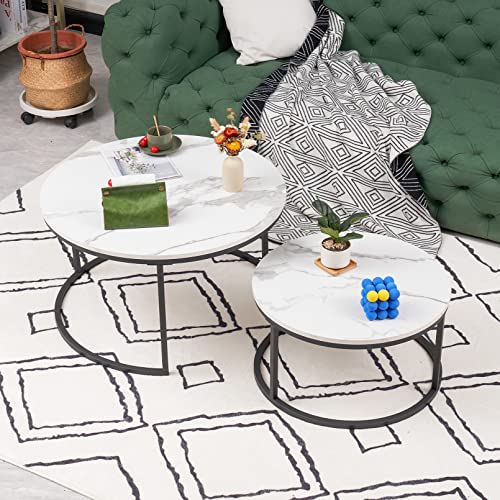 hitsuki Couchtisch Rund 2er Set, Marmor Couchtisch Schwarz Metallgestell Wohnzimmertisch Weiß, Beistelltisch Metall，Satztische fürs Wohnzimmer, Schlafzimmer, Balkon (Weiß & Schwarz) von hitsuki