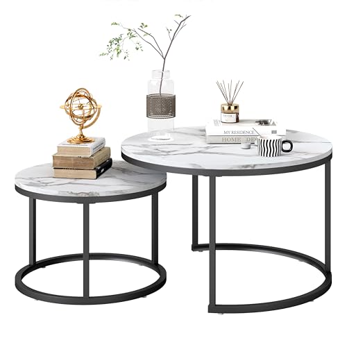 hitsuki Moderne Couchtisch 2er Set, Marmor-Optik Wohnzimmertisch Rund, Sofatisch im Luxuriösen Stil, Coffee Table mit Schwarzem Metallrahmen von hitsuki