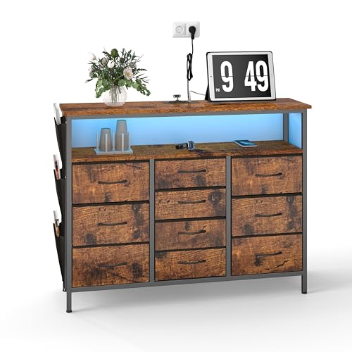 hitsuki Wohnzimmer Kommode Chest of Drawers | Vintage Industriestyle Kommode Sideboard mit Beleuchtung & 10 Schubladen | Multifunktional als Flur Schrank, Wohnzimmer Schrank | Metall&Holz 110x30x85cm von hitsuki