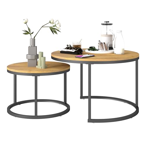 hitsuki Wohnzimmertisch mit schwarzem Metallgestell, Couchtisch Holz, Moderner Kaffeetisch, Center Table for Living Room, Couchtisch 2er Set von hitsuki