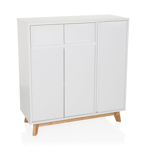 hjh LIVING Highboard mit 2 Schubladen, 3 Türen ESTHA Kommode im skandinavischen Stil, Soft-Close, griffloses Design, Schrank mit Holzbeinen, Weiß von hjh LIVING