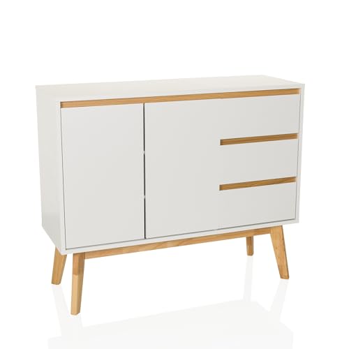 hjh LIVING Kommode mit 3 Schubladen, 2 Türen TAROLO I Sideboard im skandinavischen Stil, Soft-Close, griffloses Design, Schrank mit Holzbeinen, Weiß von hjh LIVING