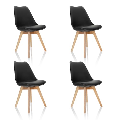 hjh OFFICE 4er Set Esszimmerstühle Scandi Massivholz Beine Buche, Stuhl Küchenstuhl gepolstert im Retro-Design, Kunststoff Schwarz 661011 von hjh OFFICE