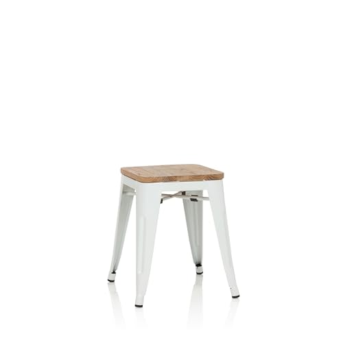 hjh OFFICE 645042 Metall Hocker VANTAGGIO W Weiß/Holz Sitzhocker im Industry-Design mit Holz-Sitzfläche, stapelbar, niedrig von hjh OFFICE