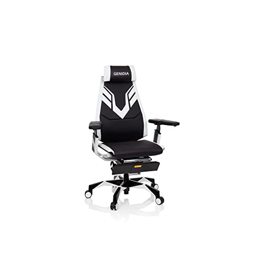 hjh OFFICE 652414 Gaming Stuhl GENIDIA Elite PRO PU Schwarz/Weiß Bürosessel ergonomisch mit Fußablage, Armlehnen klappbar von hjh OFFICE