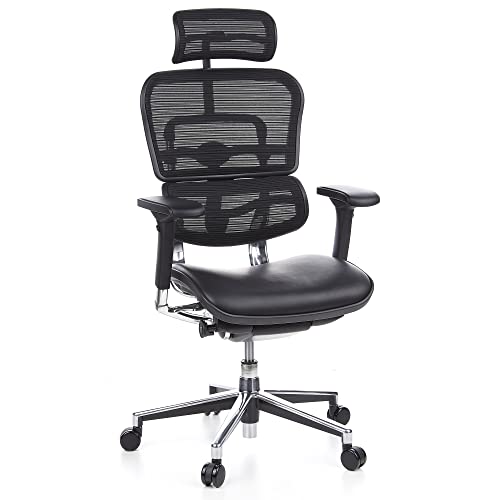 hjh OFFICE 652620 Luxus Chefsessel ERGOHUMAN ergonomischer Bürostuhl mit Vollausstattung, Originales Design Leder/Netzstoff Schwarz von hjh OFFICE