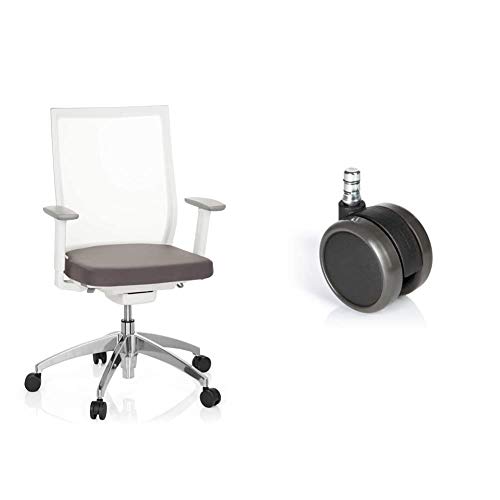 hjh OFFICE 657630 Profi Bürostuhl Aspen Stoff/Netz Weiß/Grau Drehstuhl ergonomisch + Bürostuhl-Rollen 11mm x 65mm Hartboden von hjh OFFICE