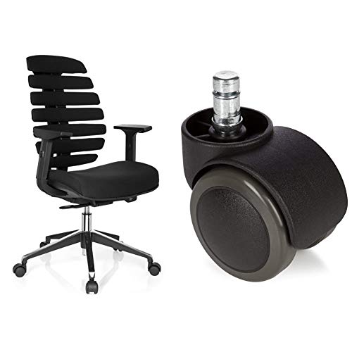 hjh OFFICE 714500 Profi Bürostuhl Ergo LINE II Stoff Schwarz ergonomischer Drehstuhl + Hartbodenrollen für Bürostuhl ROLO Stift 11 mm/Rolle 50 mm von hjh OFFICE