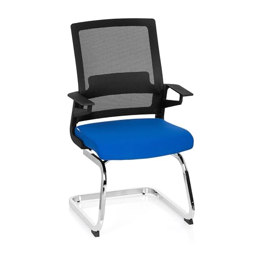 hjh OFFICE 732070 Besucherstuhl Inventor V Stoff/Netzrücken Schwarz Blau Stuhl Freischwinger mit Lordosenstütze von hjh OFFICE
