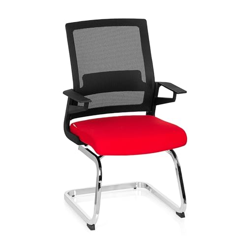 hjh OFFICE 732080 Besucherstuhl Inventor V Stoff/Netzrücken Schwarz Rot Stuhl Freischwinger mit Lordosenstütze von hjh OFFICE