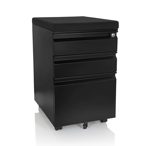 hjh OFFICE 743021 Rollcontainer mit Sitzkissen Color OS Stahl Schwarz Rollschrank mit A4 Hängeregister, abschließbar von hjh OFFICE