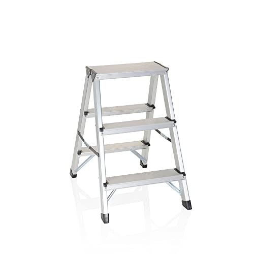 hjh OFFICE 801103 Trittleiter SOLID Aluminium Klapptritt mit 3 Stufen beidseitig begehbar, bis 150kg belastbar von hjh OFFICE