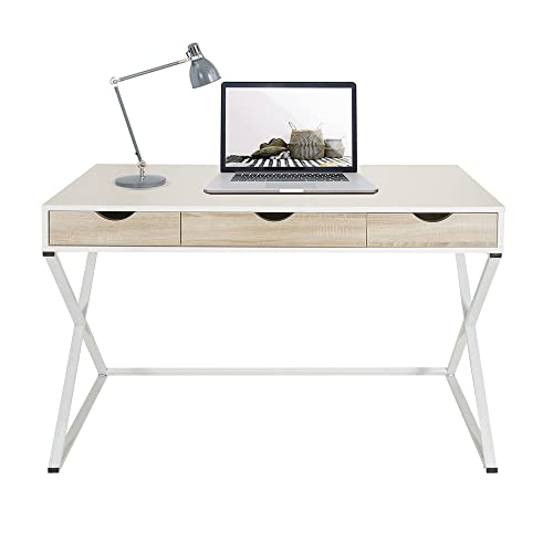 hjh OFFICE 821006 Schreibtisch mit Schubladen Easy Flow III Weiß/Eiche moderner Computertisch mit Stahl-Gestell, 120x50 cm von hjh OFFICE