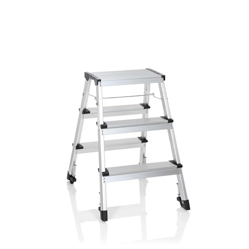 hjh OFFICE 830009 Trittleiter mit Rollen SOLID IV Aluminium Klapptritt mit 3 Stufen beidseitig begehbar, bis 150kg belastbar von hjh OFFICE