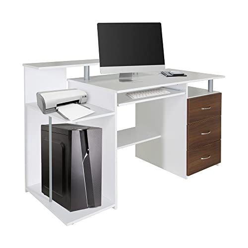 hjh OFFICE 830061 Computertisch WORKSPACE H IV Weiß/Walnuss Schreibtisch mit Schubladen & Tastaturauszug, 89 x 137 x 60 cm von hjh OFFICE