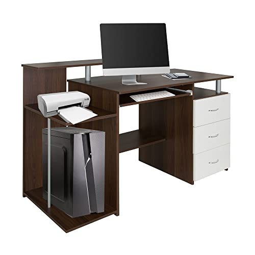 hjh OFFICE 830074 Computertisch WORKSPACE H IV Walnuss/Weiß Schreibtisch mit Schubladen & Tastaturauszug, 89 x 137 x 60 cm von hjh OFFICE