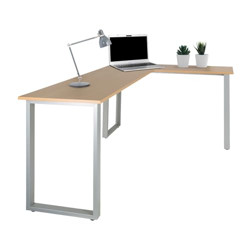 hjh OFFICE 830080 Eckschreibtisch 165x120 cm WORKSPACE Basic I Buche/Silber Schreibtisch in L-Form mit Stahl-Gestell von hjh OFFICE