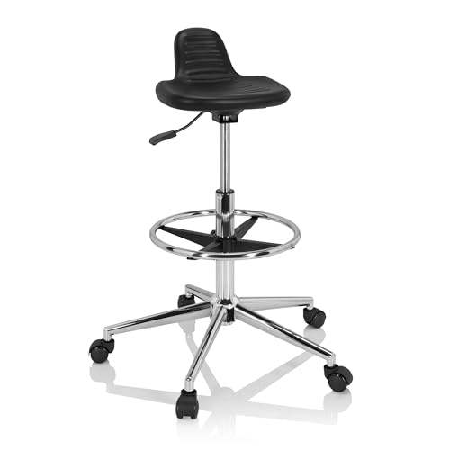 hjh OFFICE 830099 Arbeitshocker hoch TOP Work 03 I PU-Hartschaum Schwarz Drehhocker mit Rollen & Gleiter, höhenverstellbar von hjh OFFICE