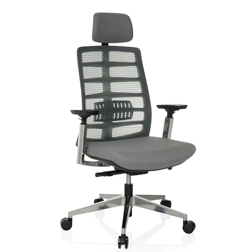 hjh OFFICE Bürostuhl ergonomisch SPINIO Elite Kopfstütze und Lordosenstütze verstellbar, Drehstuhl rückenschonend, Stoff/Netz Grau von hjh OFFICE