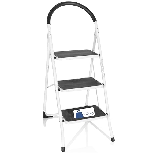 hjh OFFICE Klappleiter SOLID W2-3 Stufen - Klapptritt Stahl - Arbeitshöhe 222,5 cm - Große Trittfläche - Tragegriff mit Softpolsterung von hjh OFFICE