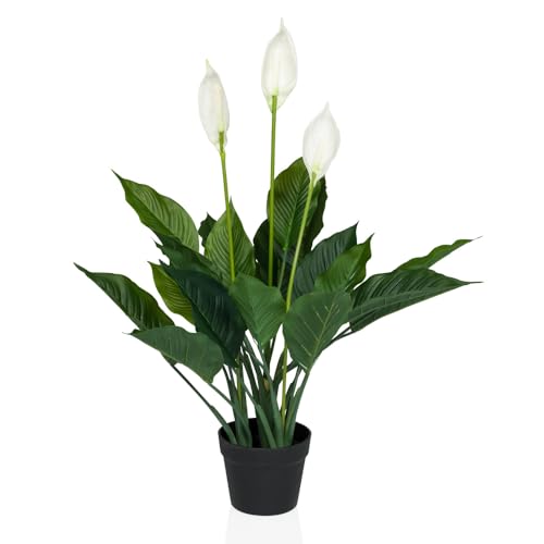 hjh OFFICE Kunstblume im Topf 80cm SPATHIPHYLLUM Zimmerpflanze, künstliche Friedenslilie, Deko Pflanze mit 3 Blüten von hjh OFFICE