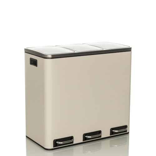 hjh OFFICE Mülleimer 3 x 18L CLEAN IX Metall, Mülltrennsystem, Abfalleimer mit Softclose, Treteimer mit 3 Fächer, Beige, 741102 von hjh OFFICE