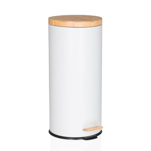 hjh OFFICE Mülleimer 30 Liter, Treteimer mit Bambus-Deckel, Softclose CLEAN BAMBOO Metall Abfalleimer mit Inneneimer, Weiß Matt von hjh OFFICE