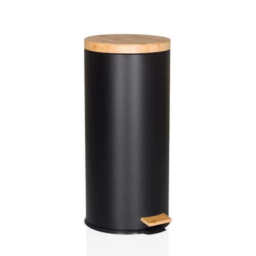 hjh OFFICE Mülleimer 30 Liter, Treteimer mit Bambus-Deckel, Softclose CLEAN Bamboo Metall Abfalleimer mit Inneneimer, Schwarz Matt von hjh OFFICE
