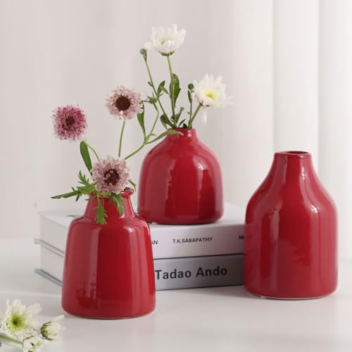 Rote kleine Vase, 3er-Set, für moderne Heimdekoration, Keramikvasen für Tafelaufsätze, Blumenvasen für Wohnzimmer, Hochzeit, Esstisch, Party, Rot von hjn