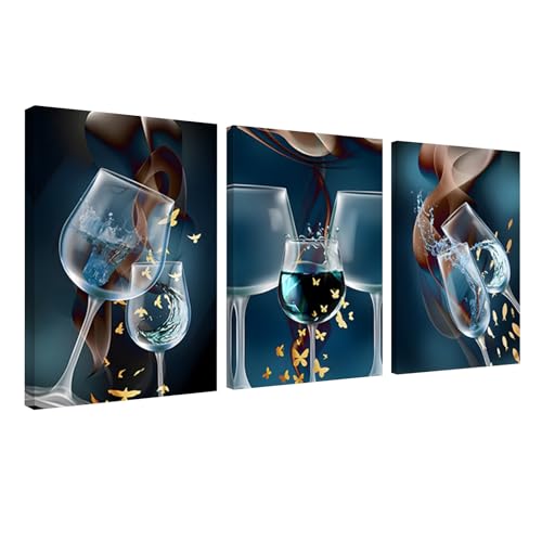 hocadon 3 Poster Set Wohnzimmer Leinwandbilder Küche Romantischer Weinglas Bild auf Leinwand 30x40 Blau Kunstdrucke Wanddekoration für Wohnzimmer Schlafzimmer Küche Esszimmer von hocadon