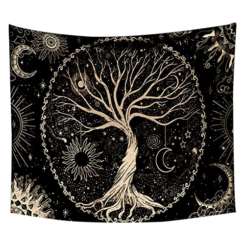 hocadon Baum des Lebens Wandteppich Aesthetic Schlafzimmer Wand Psychedelic Wandtuch Schwarz Crème Sonne Mond Wandteppich Wandbehang, 150 x 130cm(59 x 51 Zoll) von hocadon
