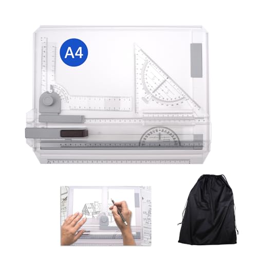 hocadon Zeichenplatte A4 Zeichenbrett Multifunktionaler Zeichenbretttisch mit Schiebelineal Zeichendreieck Parallelem Bewegung und Verstellbarem Winkel für Ingenieure und Student von hocadon