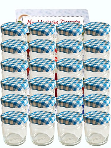 100er Set Sturzgläser Mini Gläser 37 ml Deckelfarbe Blau Kariert To 43 mit Schraub-Deckel Rundgläser Honig Kaviar Marmeladengläser Obstgläser Einweckgläser Senf, Honig, Gläser, Einmachgläser, Portionsgläser von hocz
