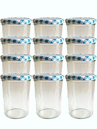 hocz 12er Set Sturzgläser 435 ml incl. Deckel Deckelfarbe Blau Karriert To 82 Drehverschluss Marmeladenglas Einmachglas Einweckglas Sturzglas von hocz