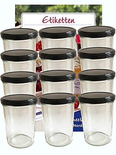 hocz 12er Set Sturzgläser 435 ml incl. Deckel Deckelfarbe Schwarz To 82 (12 Etiketten NZ) zum Beschriften Haushaltsetiketten Marmeladenglas Einmachglas Sweet Family von hocz