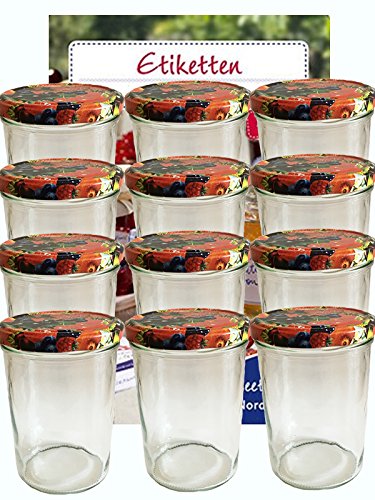 24er Set Sturzgläser 435 ml incl. Deckel Deckelfarbe Frucht To 82 (24 Etiketten NZ) zum Beschriften Haushaltsetiketten Marmeladenglas Einmachglas Sweet Family von hocz