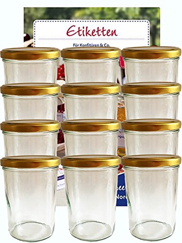 24er Set Sturzgläser 435 ml incl. Deckel Deckelfarbe Gold To 82 (24 Etiketten NZ) zum Beschriften Haushaltsetiketten Marmeladenglas Einmachglas Sweet Family von hocz