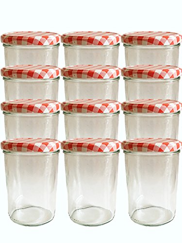 hocz 12er Set Sturzgläser 435 ml incl. Deckel Deckelfarbe Rot Karriert To 82 Drehverschluss Marmeladenglas Einmachglas Einweckglas Sturzglas von hocz