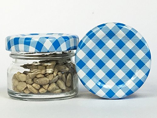 hocz 30er Set Sturzgläser Mini Gläser | Füllmenge 30ml | Deckelfarbe Blau Kariert | To 43 Rundgläser Honig Marmeladengläser Obstgläser Einweckgläser Honig Gläser Einmachgläser Probiergläser Imker von hocz