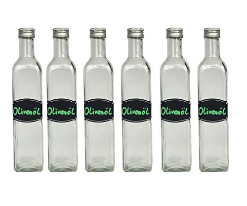 hocz 12 Set Glasflaschen Maraska | Füllmenge 500ml | Tafel-Etiketten Kreidetafel Tafelfolie T C | mit Schraubverschluss Silber | Grappa Likörflaschen Schnapsflaschen Ölflaschen (12 Stück) von hocz