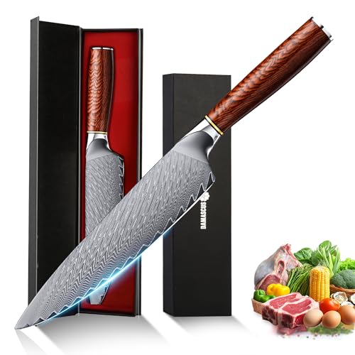 hoforife 20 cm Profi-Kochmesser Damastmesser Japanische Küchenmesser aus 67-Lagen VG10 Stahl mit ergonomischem Holzgriff in Geschenkbox (Profimesser Geschenkset) von hoforife