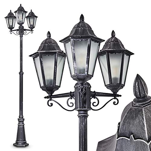 Außenleuchte Lignac Frost, Kandelaber antiker Look, Aluguß Schwarz/Silber m. Milchglas-Scheiben, 3-armige Wegeleuchte, höhenverstellbar, Retro/Vintage Gartenlampe, E27-Fassung, IP44, ohne Leuchtmittel von HOFSTEIN