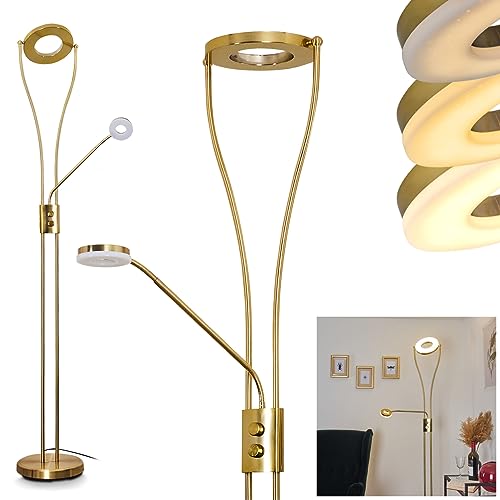 HOFSTEIN LED Stehleuchte Tierz, Bodenlampe aus Metall goldfarben mit 1 x LED 4 Watt Leselicht, dimmbare Standlampe mit An-/Ausschalter am Gehäuse, 1 x LED 18 Watt, 1850 Lumen, 3000 Kelvin von HOFSTEIN