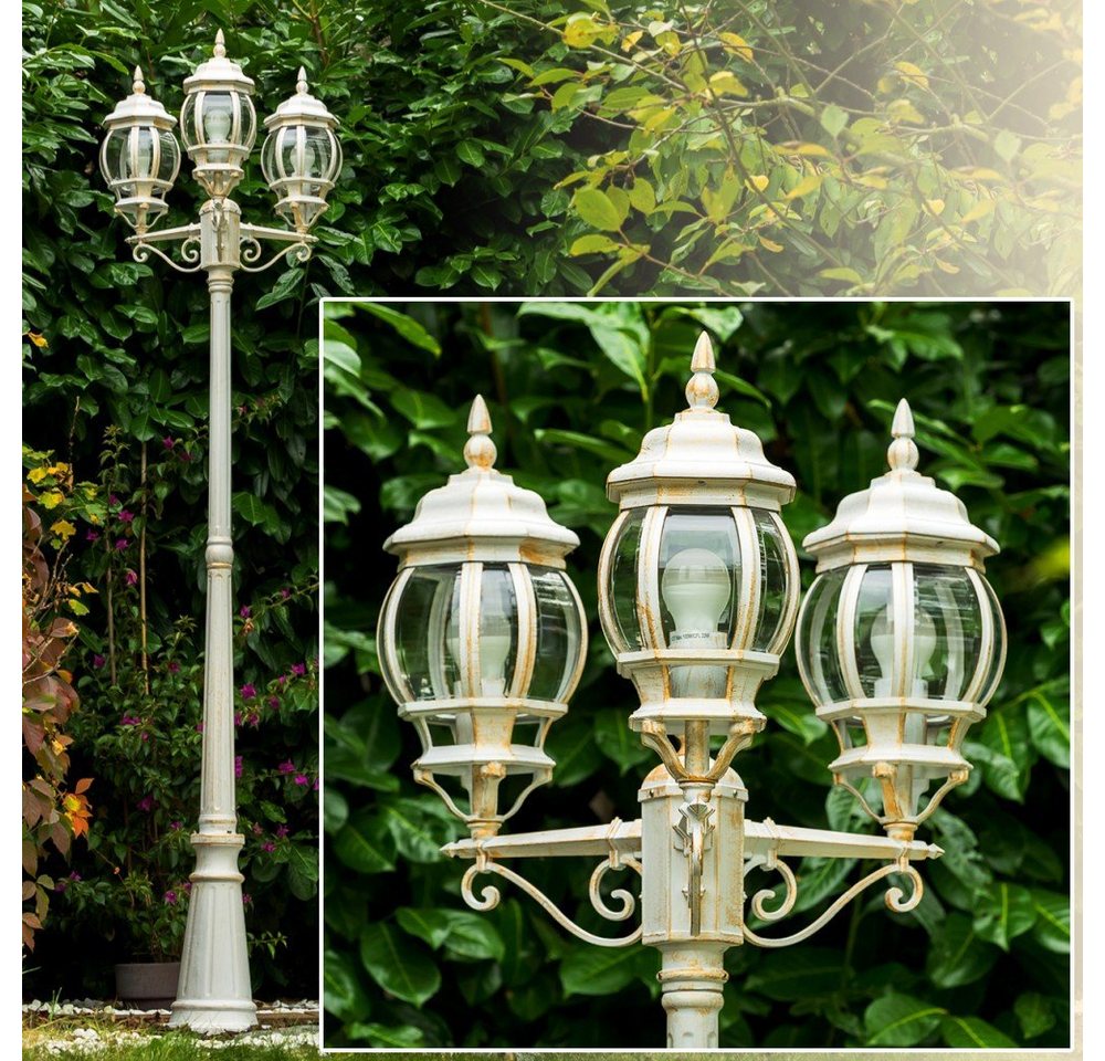 hofstein Außen-Stehlampe »Meyen« Außenleuchte Kandelaber in antikem Look, Metall in Weiß/Gold, ohne Leuchtmittel, Metall in Weiß/Gold m. Klarglas-Scheiben, 3-armig 215cm, E27, IP44 von hofstein