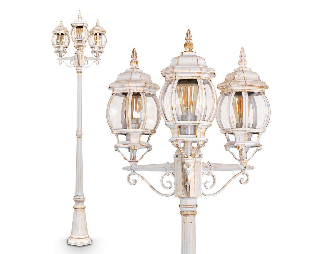 hofstein Außen-Stehlampe »Meyen« Außenleuchte Kandelaber in antikem Look, Metall in Weiß/Gold, ohne Leuchtmittel, Metall in Weiß/Gold m. Klarglas-Scheiben, 3-armig 215cm, E27, IP44 hofstein Außen-Stehlampe »Meyen« Außenleuchte Kandelaber in antikem Look, Metall in Weiß/Gold, ohne Leuchtmittel, Metall in Weiß/Gold m. Klarglas-Scheiben, 3-armig 215cm, E27, IP44 von hofstein