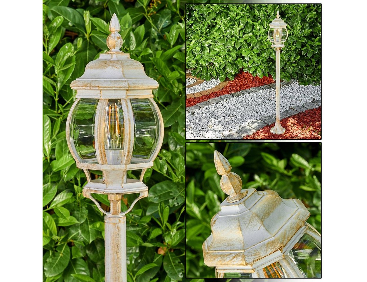 hofstein Außen-Stehlampe »Meyen« Außenleuchte, Aluguss in Weiß/Gold mit Kunststoff-Scheiben, ohne Leuchtmittel, Stehleuchte 120cm, E27, IP44 von hofstein