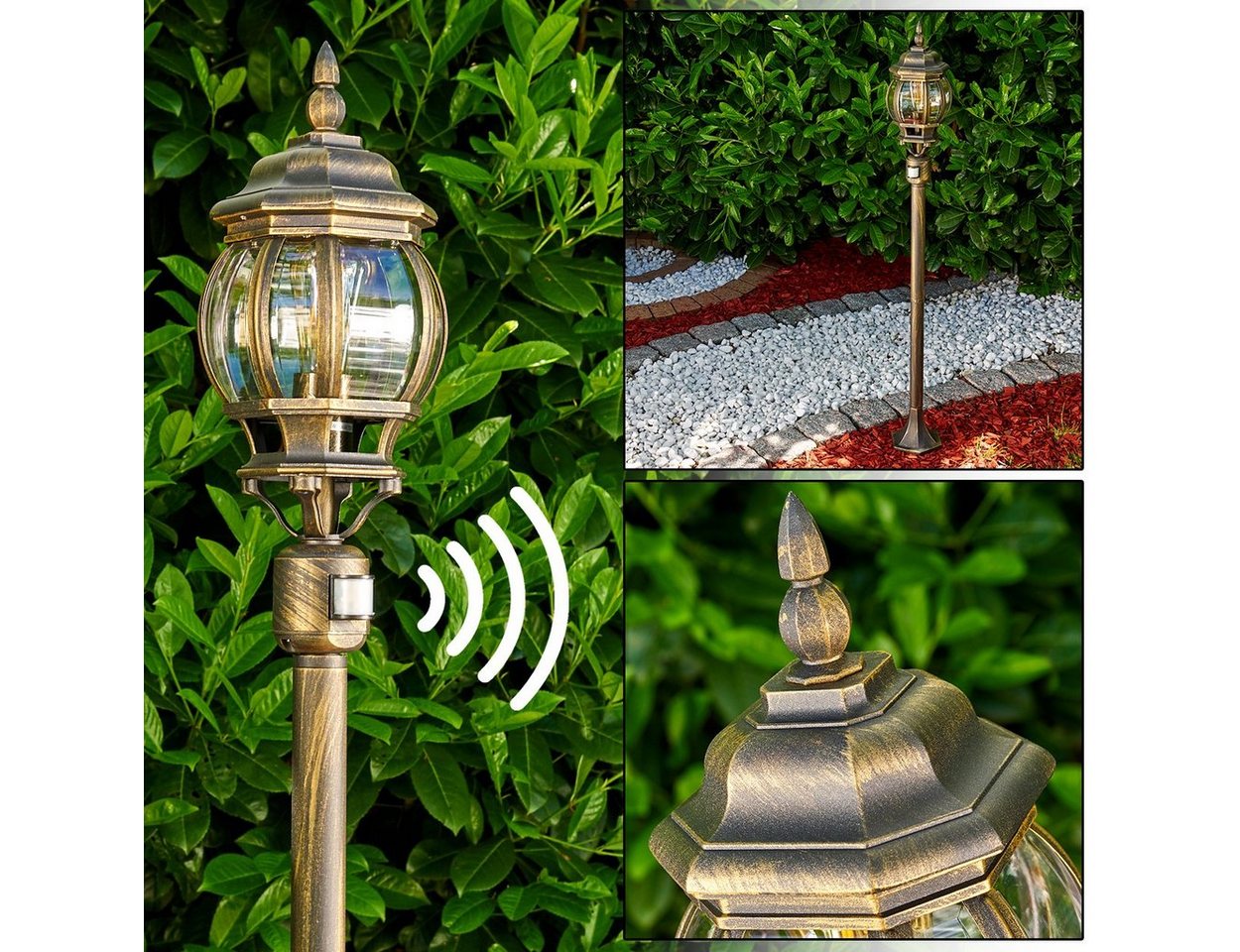 hofstein Außen-Stehlampe »Meyen« Außenleuchte, Aluguss in Braun/Gold mit Kunststoff-Scheiben, ohne Leuchtmittel, Gartenlampe, E27, IP44 m. Bewegungsmelder von hofstein