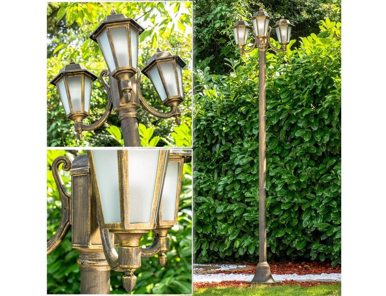 hofstein Außen-Stehlampe »Nurri« Außenleuchte Kandelaber in antikem Look, ohne Leuchtmittel, Aluguss in Schwarz/Gold mit Milchglas-Scheiben, 3-armig, E27IP44 von hofstein