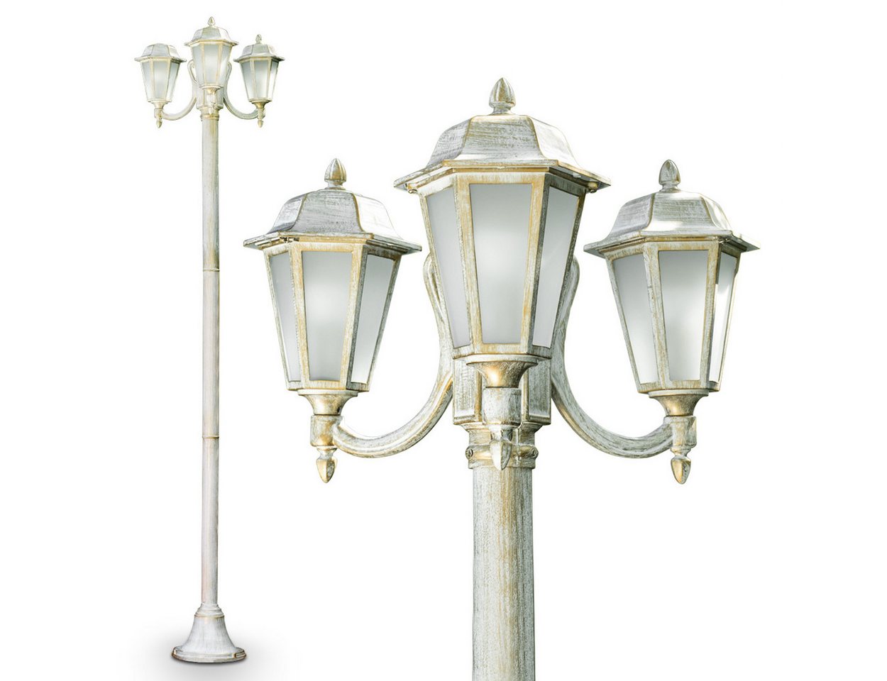 hofstein Außen-Stehlampe »Nurri« Außenleuchte Kandelaber in antikem Look, ohne Leuchtmittel, Aluguss in Weiß/Gold mit Milchglas-Scheiben, 3-armig 210cm, E27, IP44 hofstein Außen-Stehlampe »Nurri« Außenleuchte Kandelaber in antikem Look, ohne Leuchtmittel, Aluguss in Weiß/Gold mit Milchglas-Scheiben, 3-armig 210cm, E27, IP44 von hofstein